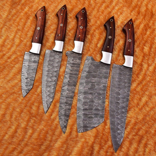 Custom handmade Damascus kitchen knife set with rosewood handles and 9” to 13” hand-forged Damascus steel blades