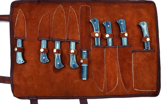 "Custom handmade Damascus kitchen knife with 8-inch blade and pakkawood handle."