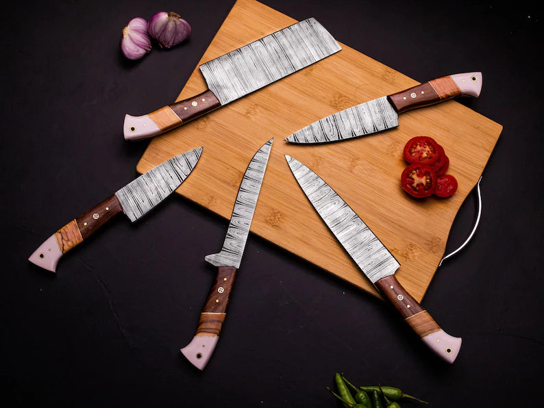 Custom handmade Damascus kitchen knife with an 8-inch blade and rosewood and camel bone handle