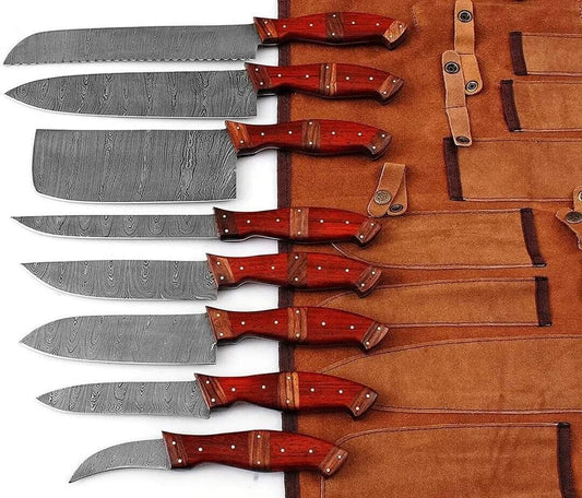 Custom handmade Damascus kitchen knives set with hand-forged steel blades and rosewood and pakkawood handles, blade lengths ranging from 3 to 8 inches, ideal for professional chefs and home cooking