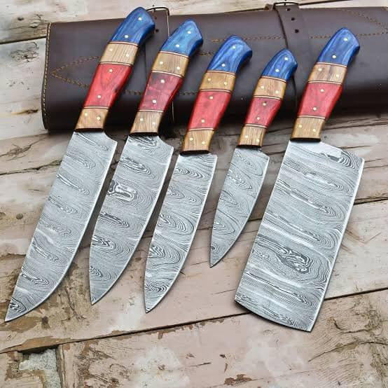 "Custom handmade Damascus knife set with 3 to 8-inch hand-forged Damascus steel blades and pakkawood and rosewood handles."