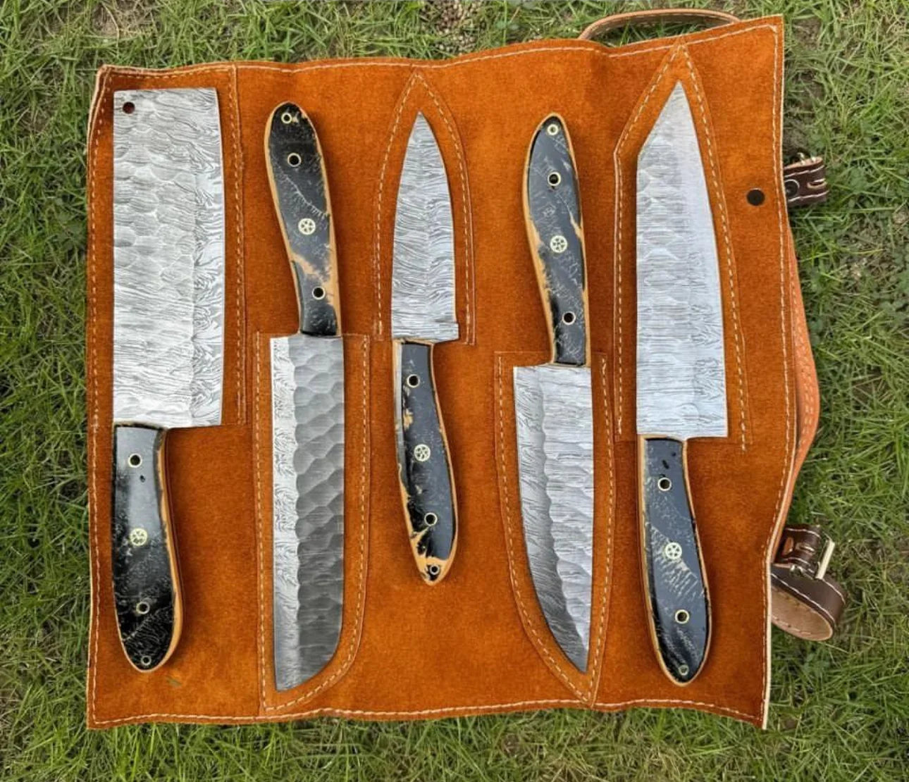 Custom handmade Damascus knife set with 7-inch hand-forged blade and resin handle, featuring unique wave patterns and ergonomic design for precision and durability