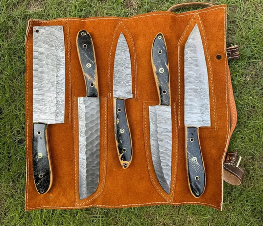Custom handmade Damascus knife set with 7-inch hand-forged blade and resin handle, featuring unique wave patterns and ergonomic design for precision and durability