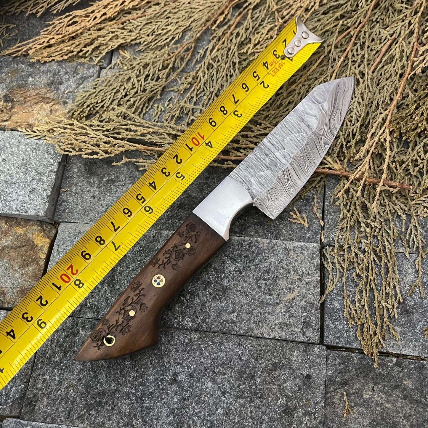 Custom handmade Damascus knife set with blade lengths 9” to 13” and elegant rosewood handles