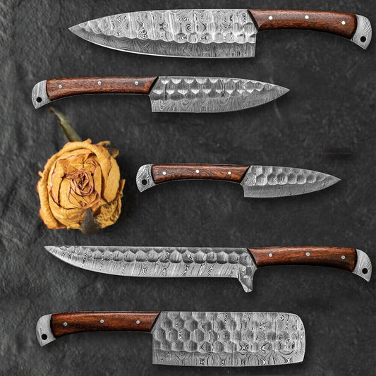 Custom handmade Damascus knives set with 7-inch Damascus steel blades and rosewood handles, perfect for chefs and kitchen enthusiasts