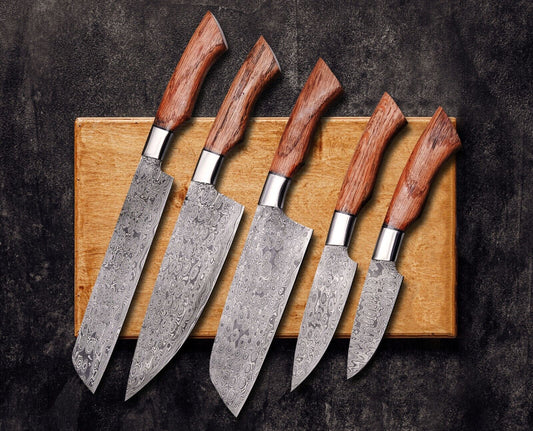 Custom handmade Damascus steel chef knife set featuring 9 to 13-inch hand-forged blades, rosewood handles, and steel bolsters, perfect for professional and home chefs.