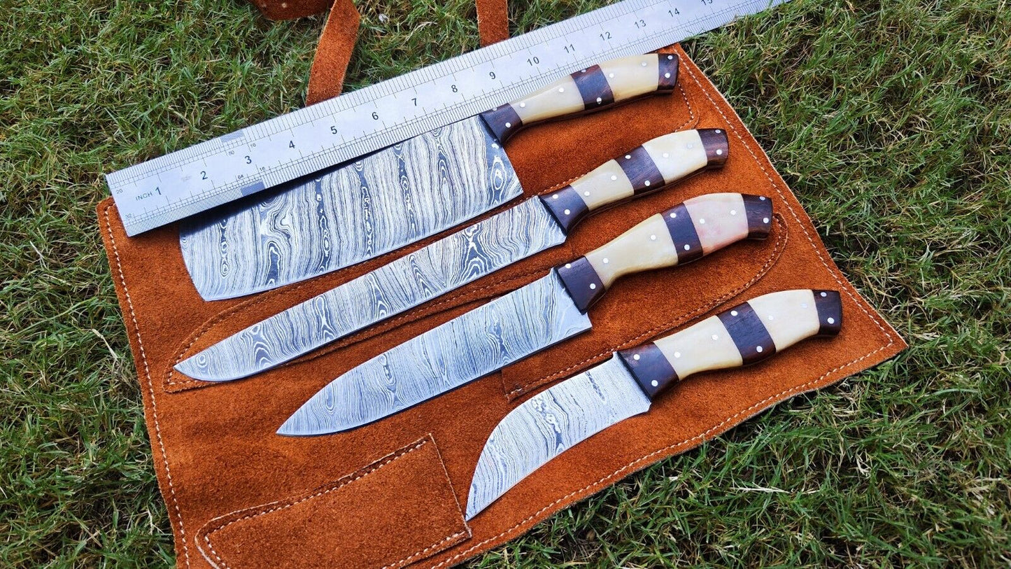 Custom handmade Damascus steel chef knife set with an 8-inch hand-forged blade and a rosewood and camel bone handle, perfect for professional chefs and home cooks