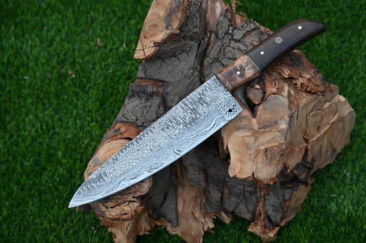 Custom handmade Damascus steel chef knife with 7-inch blade and rosewood-micarta handle, showcasing a unique wavy pattern on the blade, ideal for precise cutting and culinary craftsmanship