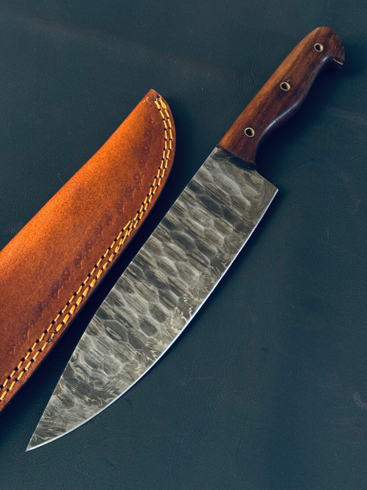 Custom handmade Damascus steel chef knife with a 7-inch blade and rosewood handle, ideal for precision slicing and chopping in professional and home kitchens.