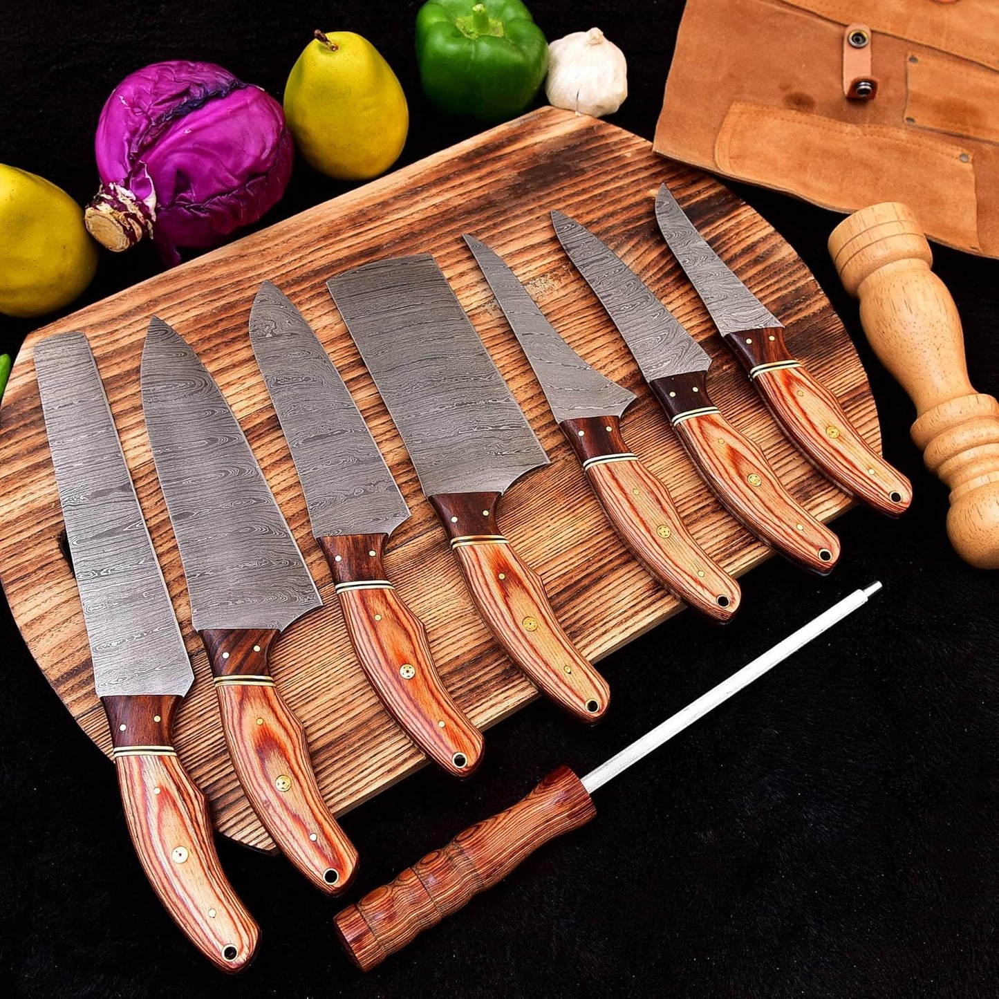 Custom handmade Damascus steel chef’s knife with an 8-inch blade and rosewood pakkawood handle
