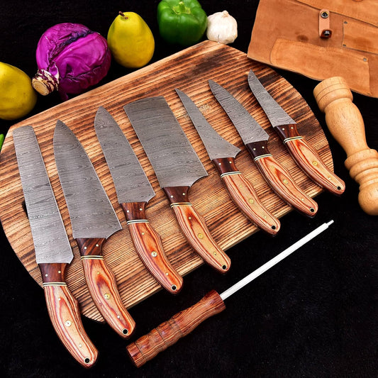 Custom handmade Damascus steel chef’s knife with an 8-inch blade and rosewood pakkawood handle