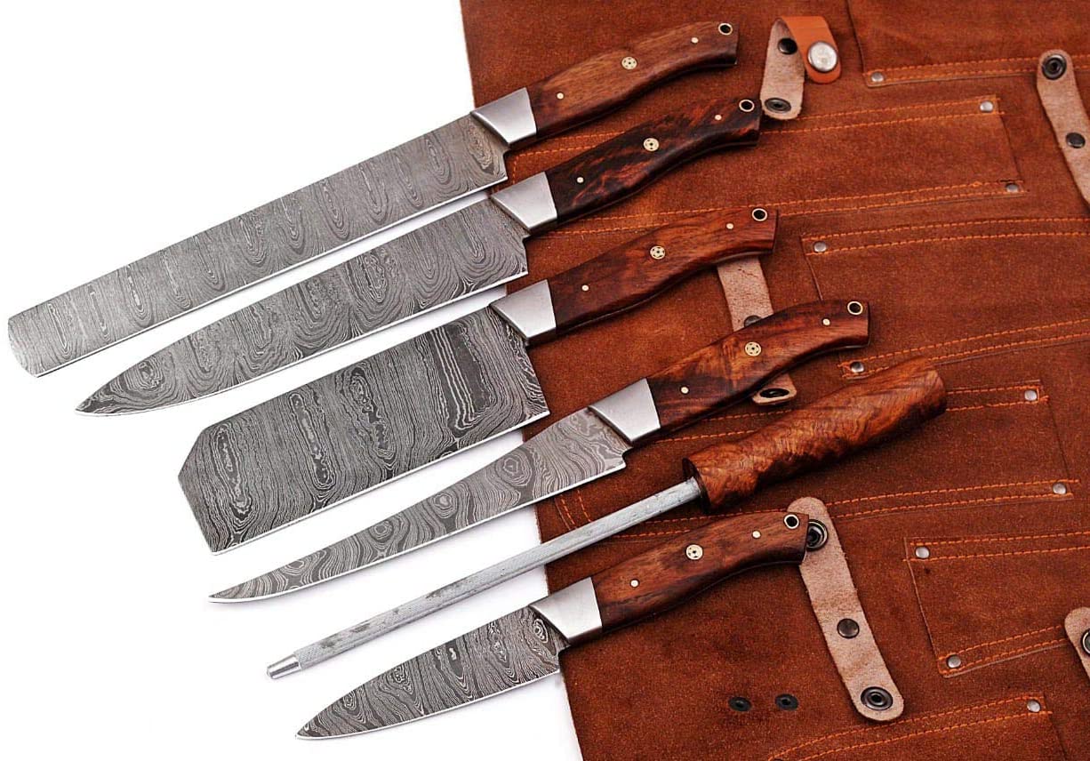 Custom handmade Damascus steel chef's knife with an 8-inch hand-forged blade, featuring a rosewood handle and steel bolster, perfect for precision cooking