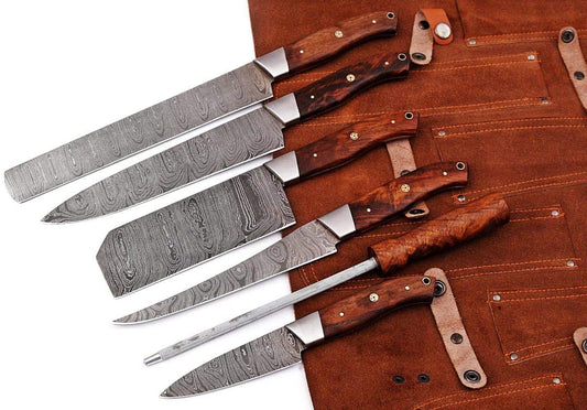 Custom handmade Damascus steel chef's knife with an 8-inch hand-forged blade, featuring a rosewood handle and steel bolster, perfect for precision cooking