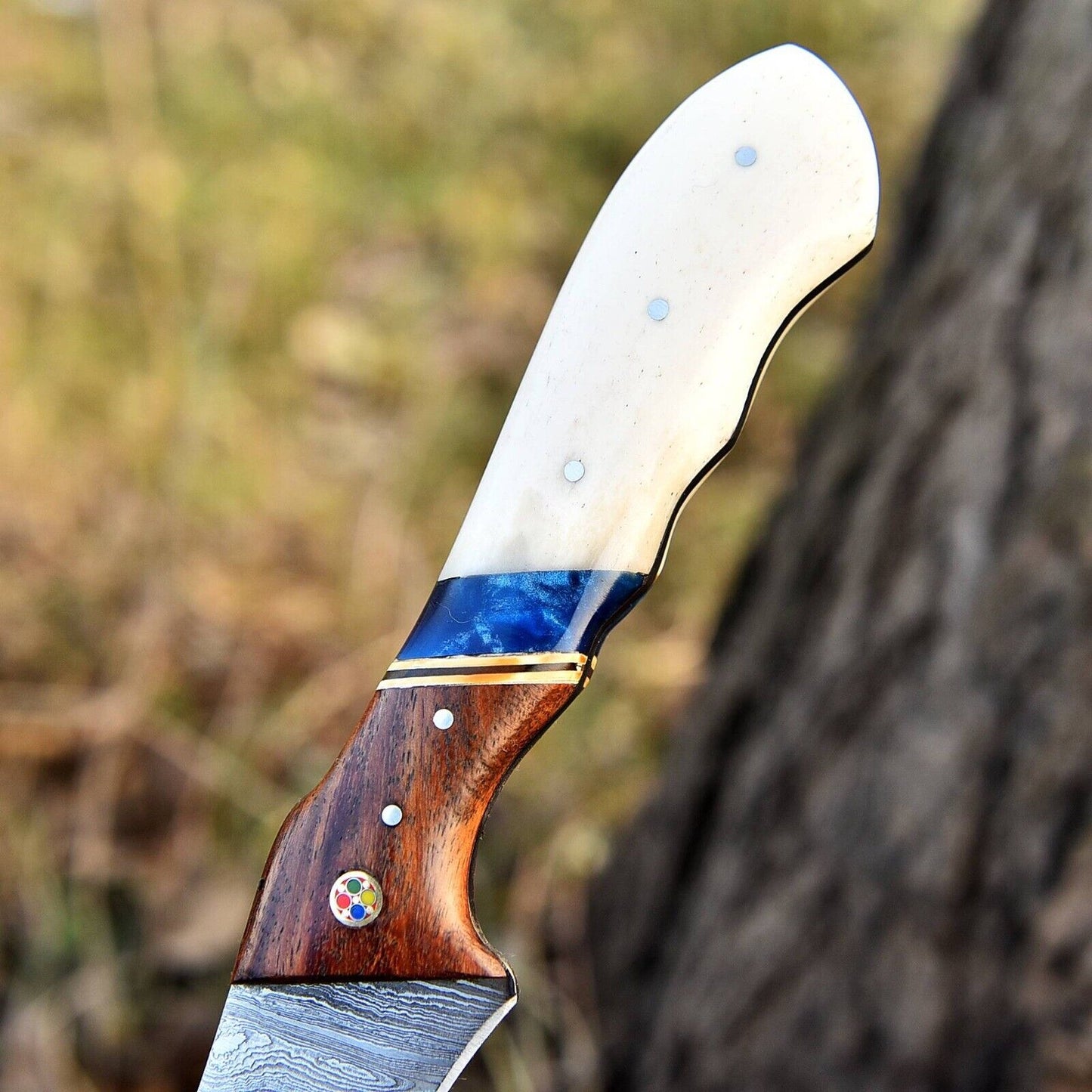 Custom handmade Damascus steel fillet knife, including a camel bone and rosewood handle and a leather sheath
