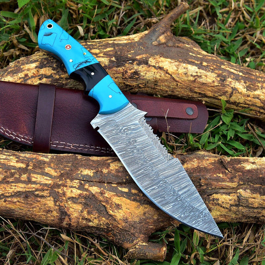 Custom handmade Damascus steel hunting knife with 10-inch blade and resin handle, including leather sheath."