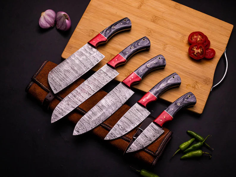 "Custom handmade Damascus steel kitchen knife set with 8-inch blade and pakkawood handle"