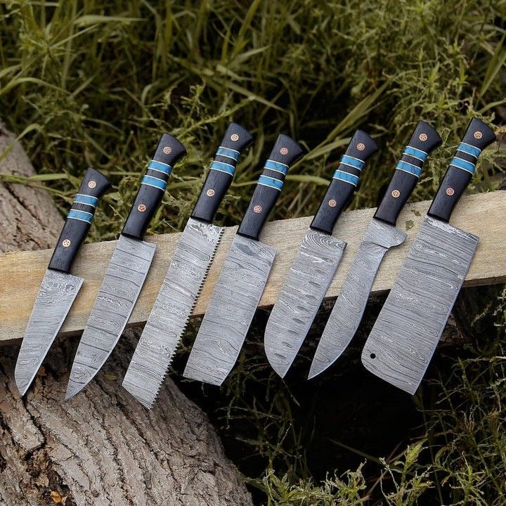 Custom handmade Damascus steel kitchen knife with an 8-inch blade and resin handle, designed for precision and elegance in culinary tasks