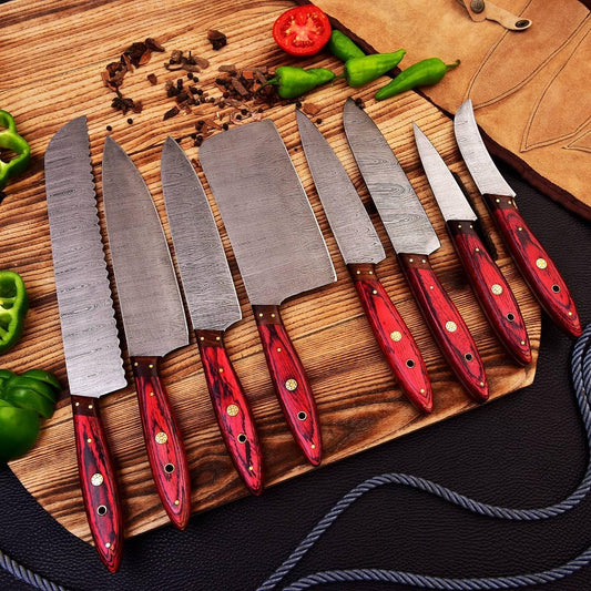Custom handmade Damascus steel kitchen knives set with 3 to 8-inch blades, featuring pakkawood and rosewood handles