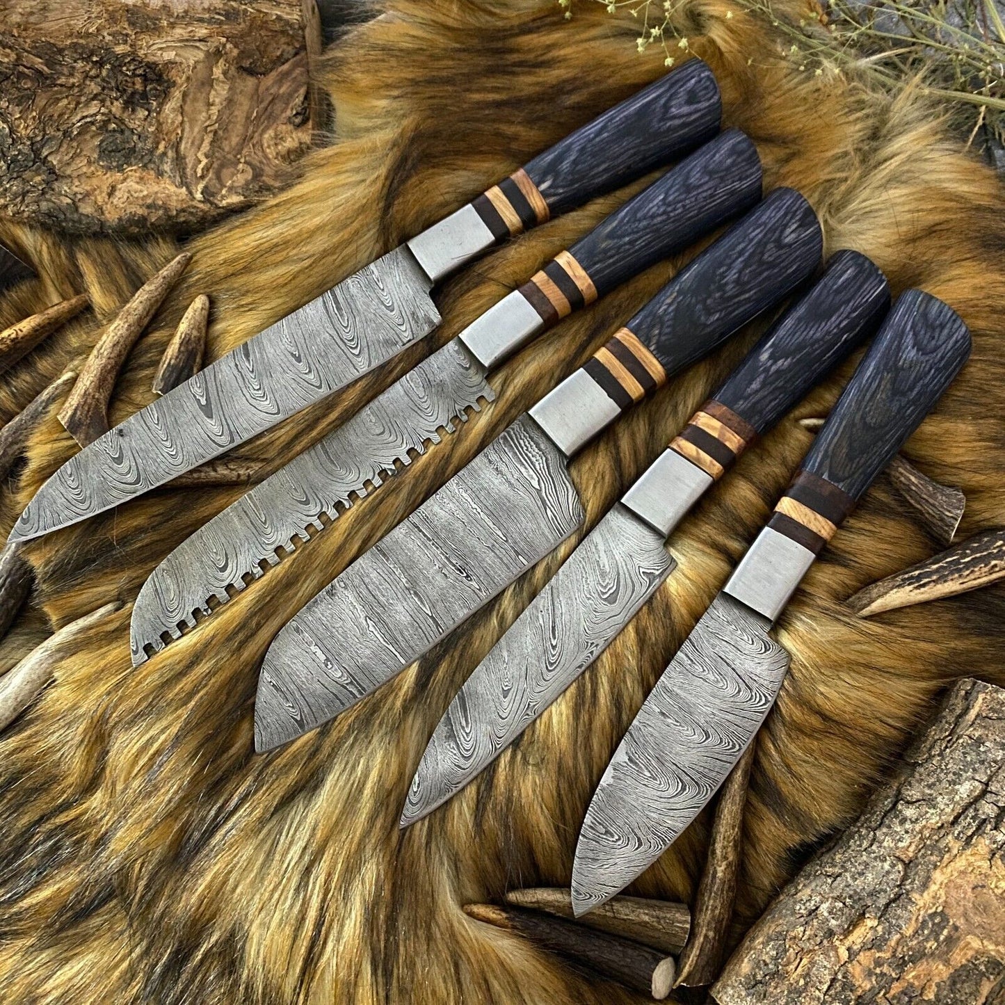 Custom handmade Damascus steel kitchen knives set with 3 to 8-inch hand-forged blades, pakkawood handles, and steel bolsters
