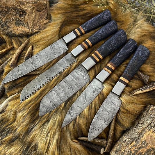 Custom handmade Damascus steel kitchen knives set with 3 to 8-inch hand-forged blades, pakkawood handles, and steel bolsters