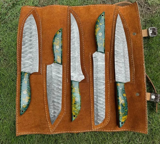 Custom handmade Damascus steel knife set with 7-inch blade and resin handle, showcasing unique wavy Damascus pattern and ergonomic design for precision cutting