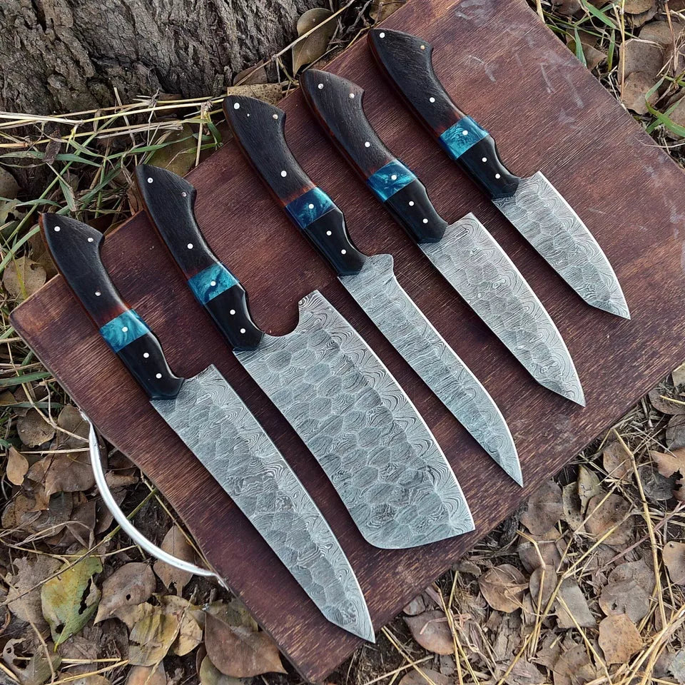 Custom handmade Damascus steel knife set with 9 to 13-inch blades, featuring hand-forged Damascus steel and ergonomic rosewood and resin handles – ideal for culinary professionals and kitchen enthusiasts in the USA