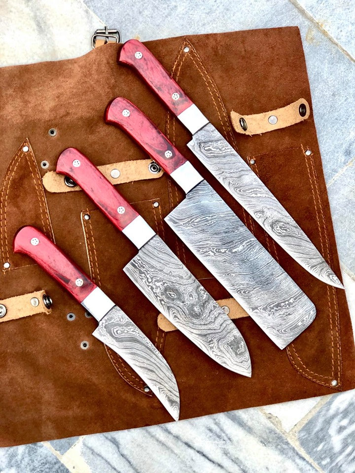 Custom handmade Damascus steel knife sets with 9" to 13" hand-forged blades, pakkawood handles, and steel bolster, perfect for chefs and collectors