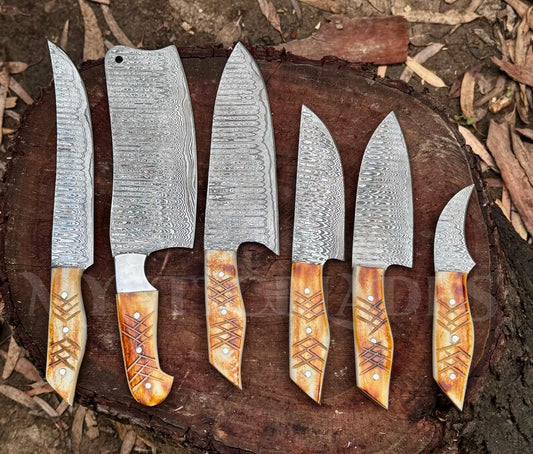 Custom handmade Damascus steel knives set with 3 to 8-inch hand-forged blades and camel bone handles, showcasing unique wave patterns and artisan craftsmanship