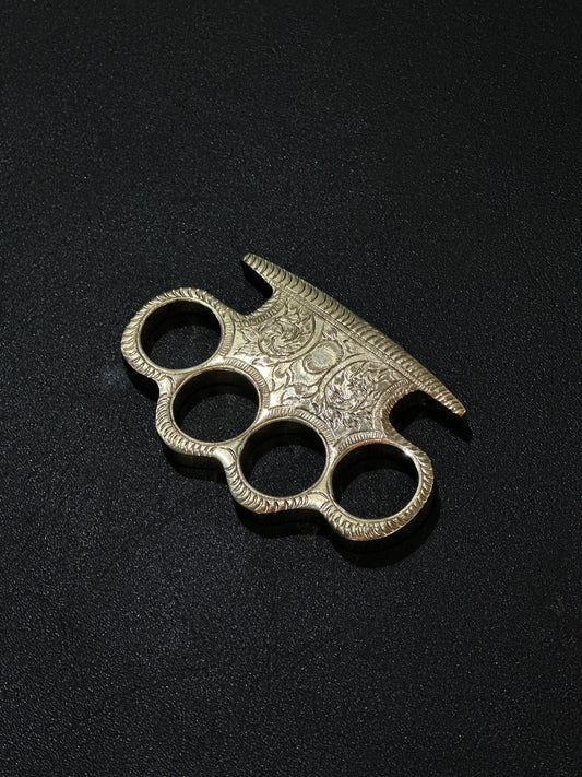 Custom handmade brass engraved knuckle duster with leather belt loop case for self-defense