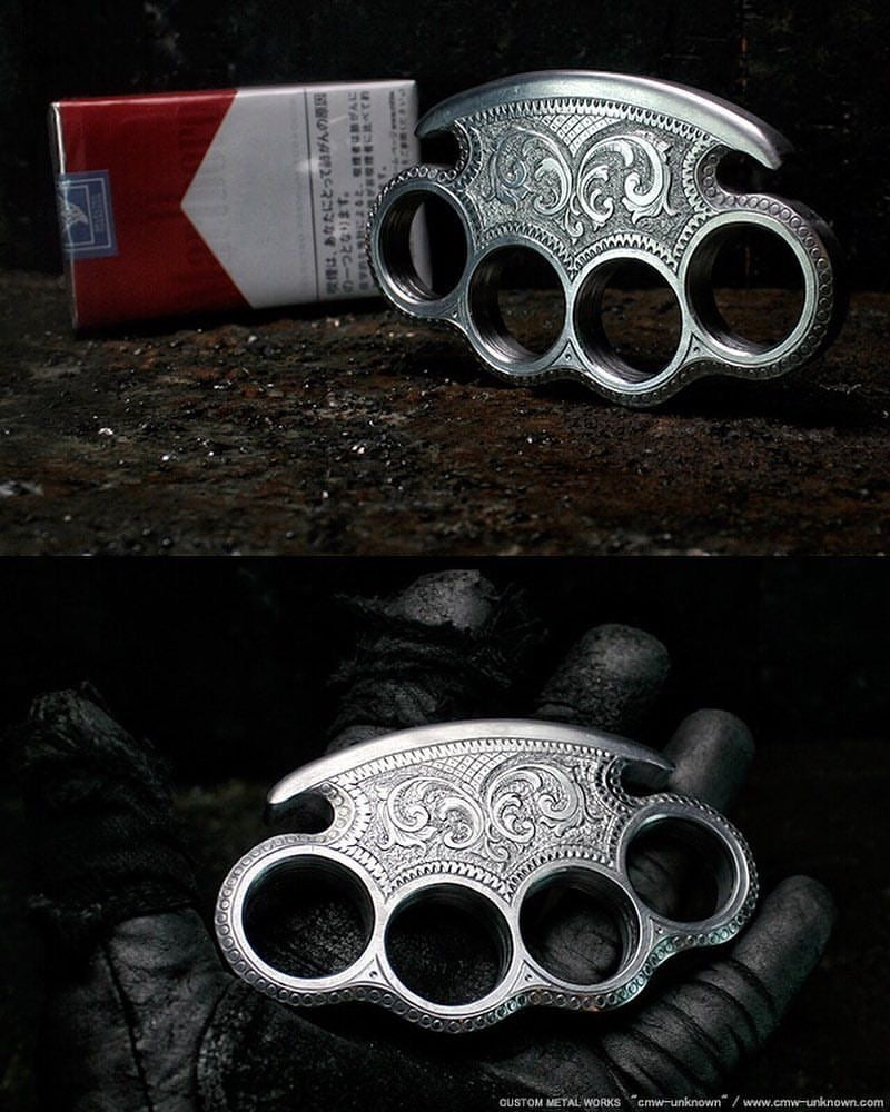 Custom handmade engraved brass knuckles with belt loop leather case for self-defense