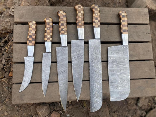 Custom handmade kitchen knife set with an 8-inch hand-forged Damascus steel blade, ergonomic handle made of rosewood and olive wood, and steel bolster