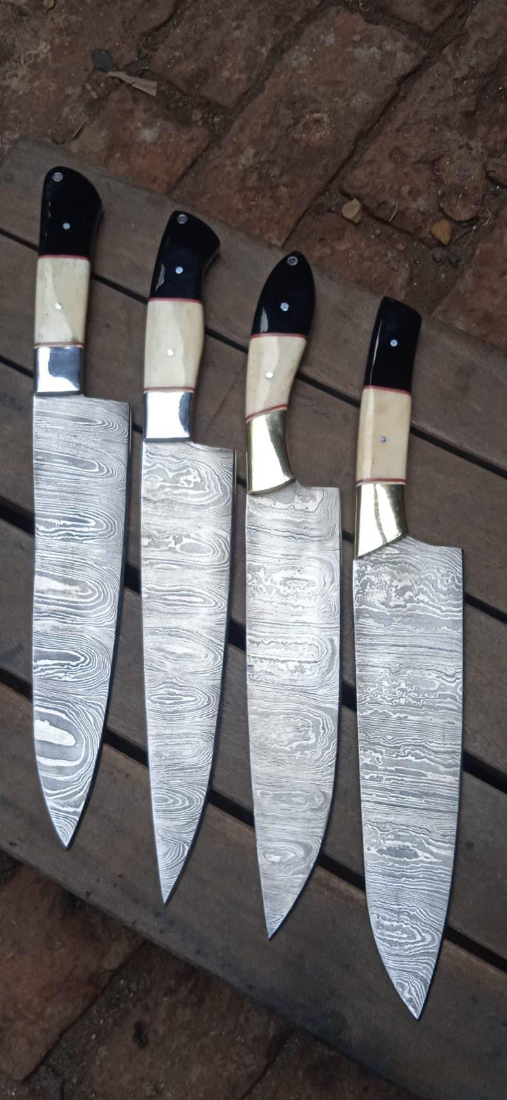 Custom handmade kitchen knife with an 8-inch Damascus steel blade, camel bone and resin handle, and steel bolster