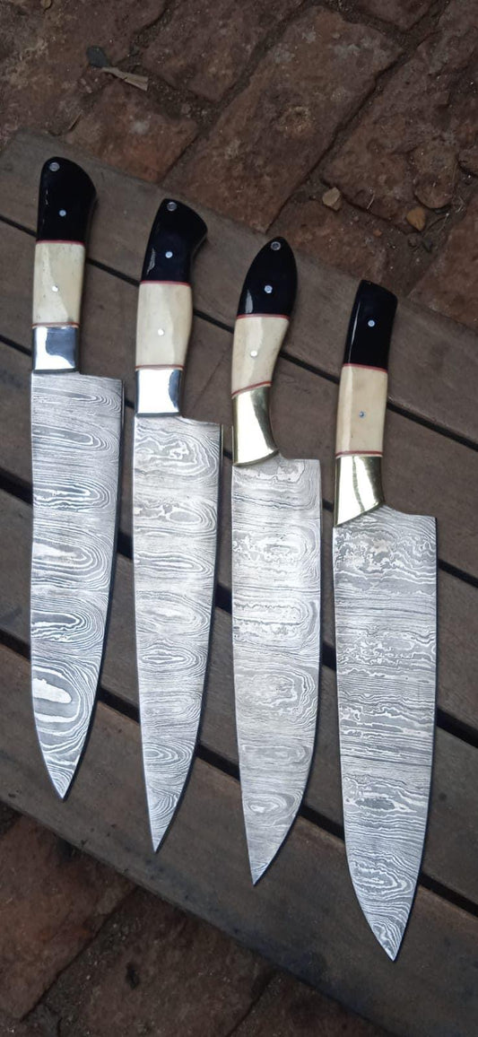 Custom handmade kitchen knife with an 8-inch Damascus steel blade, camel bone and resin handle, and steel bolster