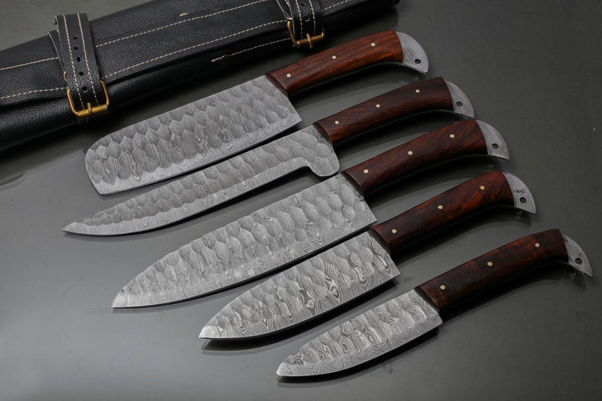 Custom handmade knife set featuring an 8-inch hand-forged Damascus steel blade and a rosewood handle, perfect for chefs and collectors.