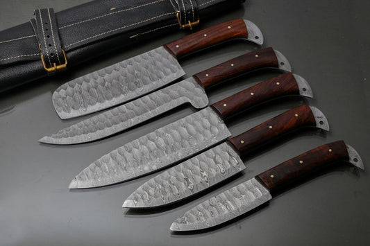 Custom handmade knife set featuring an 8-inch hand-forged Damascus steel blade and a rosewood handle, perfect for chefs and collectors.