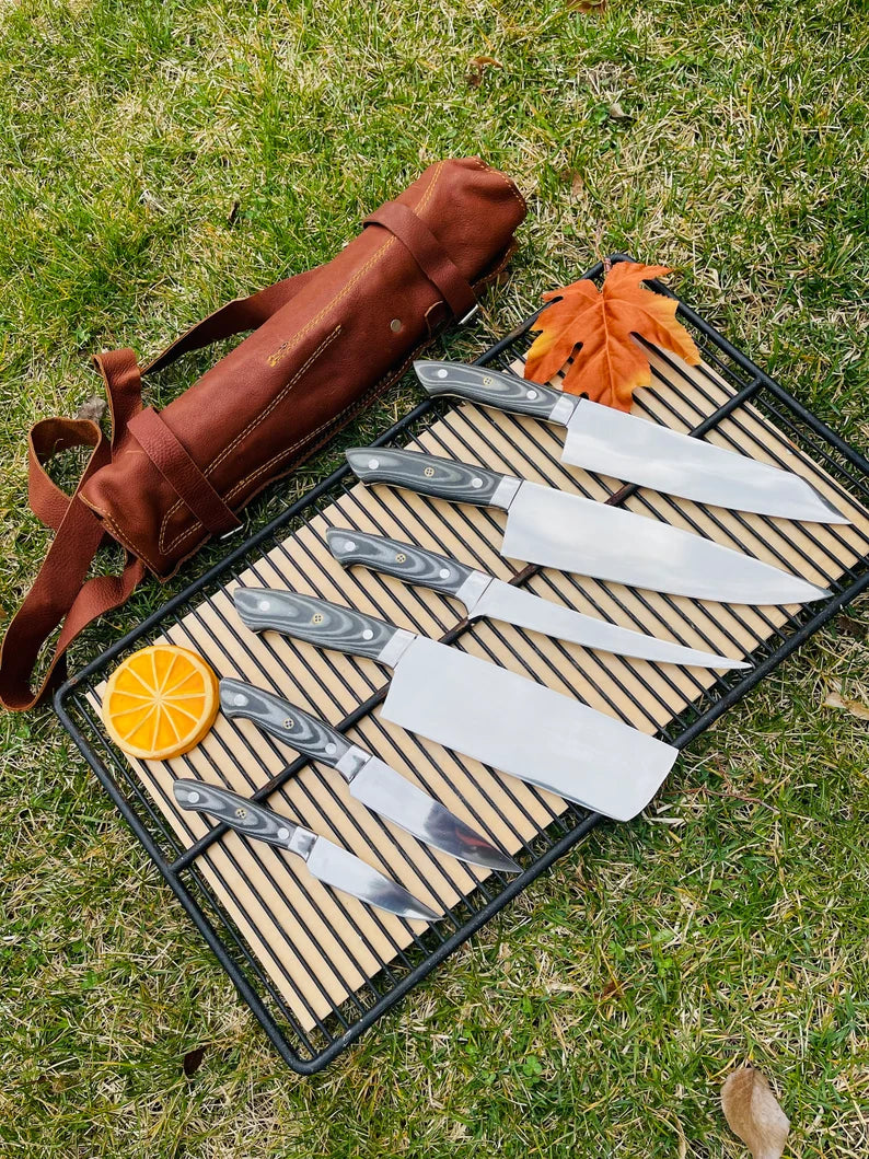 Custom Handmade J2 Steel 5-Piece Kitchen Knife Set with G10 Handle and Steel Bolster - Premium Chef Knives with Leather Roll Kit
