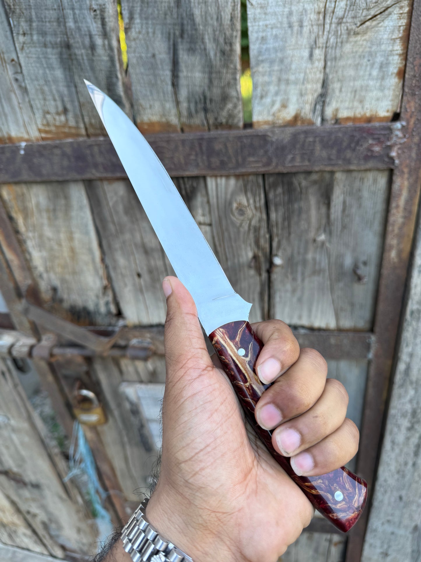 Custom Handmade J2 Steel Boning Knife with Epoxy Pine Cone Resin Handle & Leather Sheath – 13" Precision Boning Tool