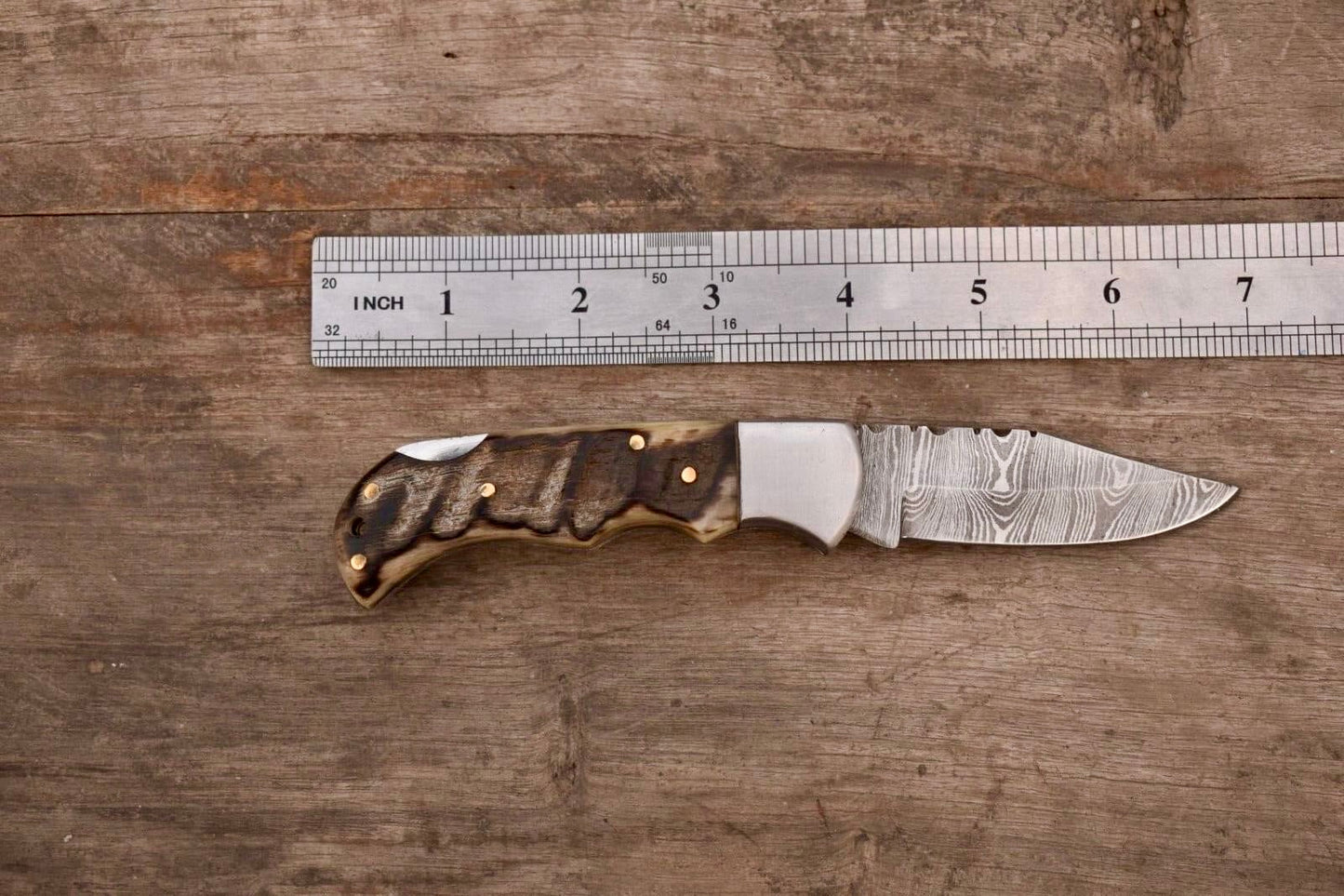 Handmade Damascus Steel Pocket Knife with Ram Horn Handle & Leather Sheath