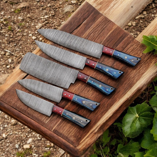 "DamascusSteel Knife Set with Leather Case – High-Quality Stainless Steel Blades"