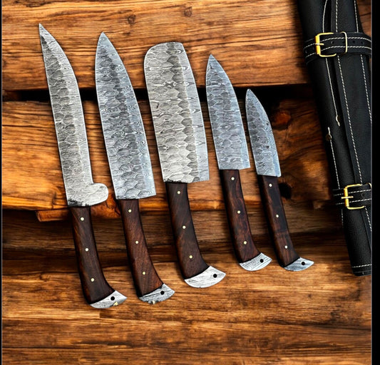 "Damascus Kitchen Knife Set with Rosewood Handle and Leather Case"
