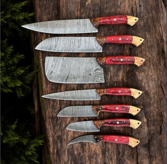"Damascus Knife Set with Pakkawood Handle and Leather Case – Premium Chef Knives"