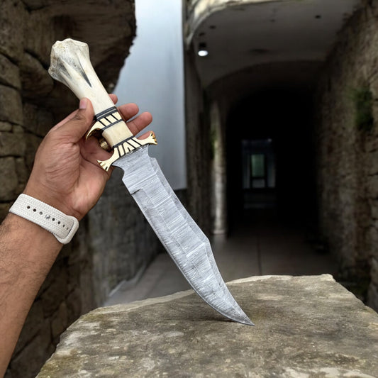 "Damascus Steel Bowie Knife with Camel Bone Handle and Leather Sheath"