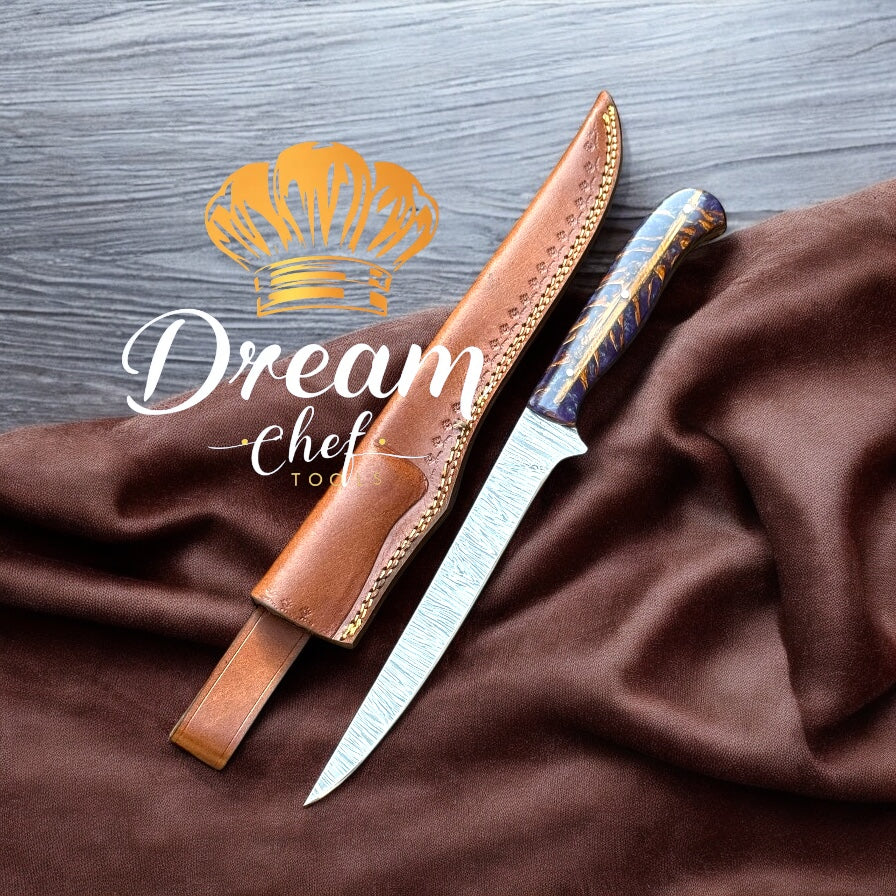 Boning Knives – 13" Damascus Steel Blade with Purple Cone Resin Handle & Leather Sheath