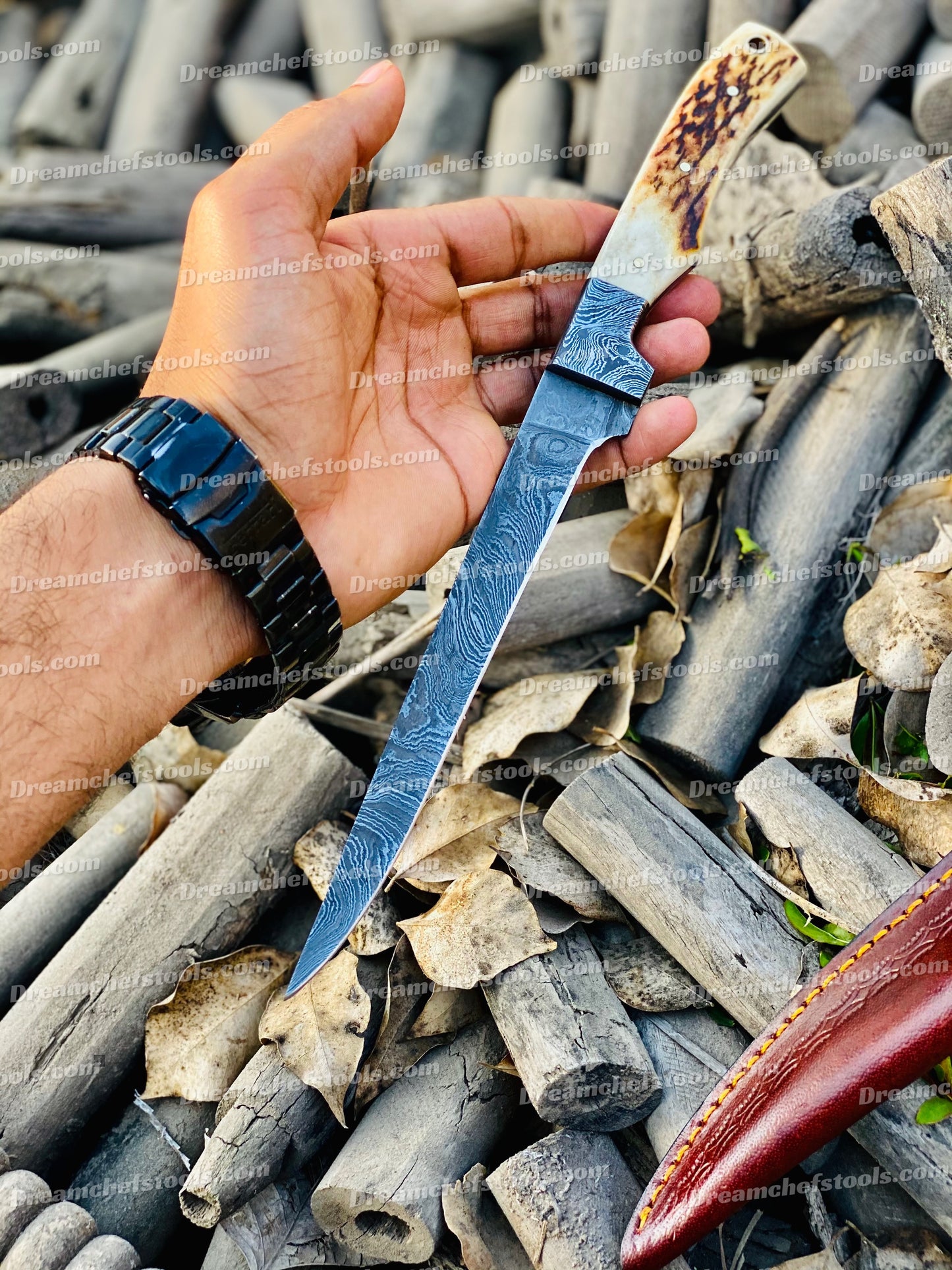 Damascus Steel Fishing Fillet Knife with 13" Sharp Blade, Antler Horn Handle, Damascus Guard, and Leather Sheath