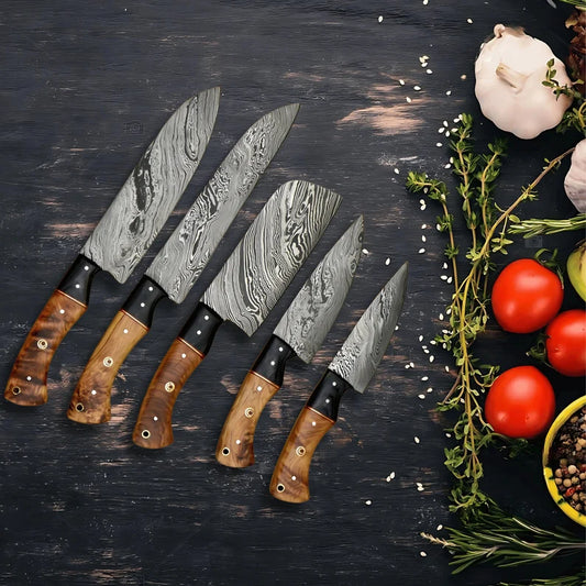 "Damascus Steel Knife Set with Rosewood Handles and Leather Case – Premium Chef’s Collection"