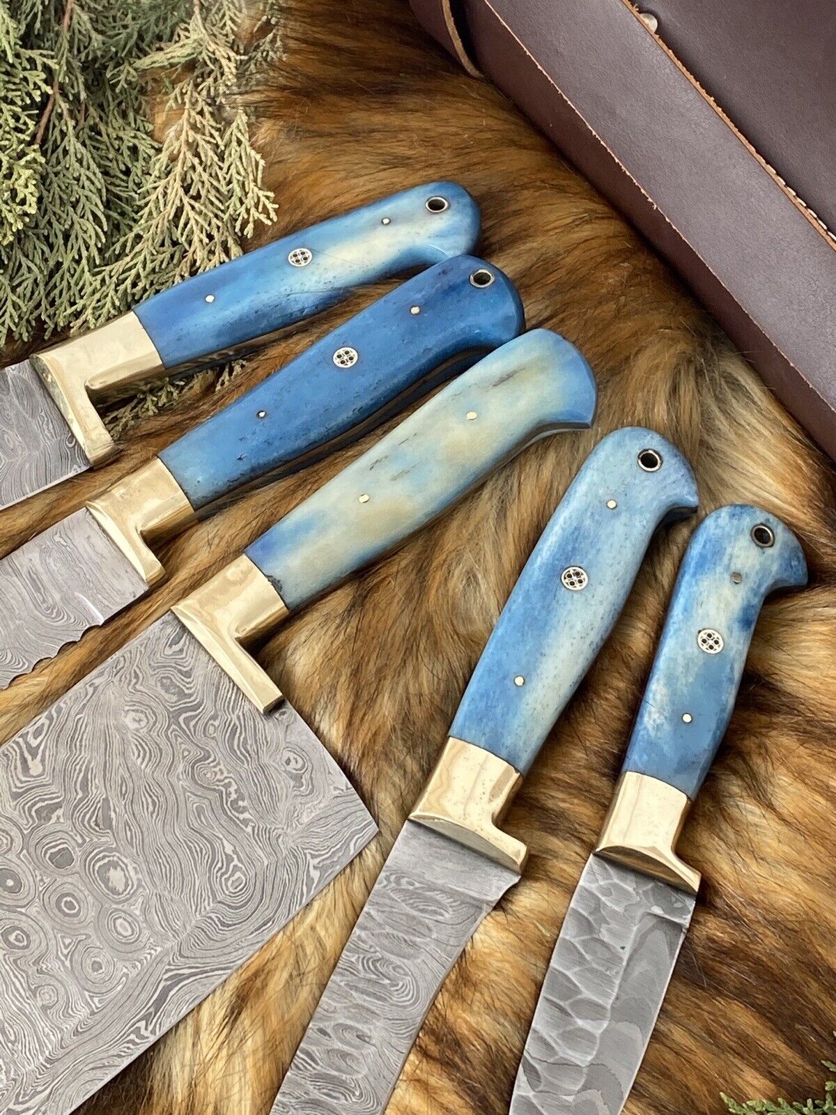 Damascus steel kitchen knives with camel bone handle and brass bolster, ideal for chefs and home cooking