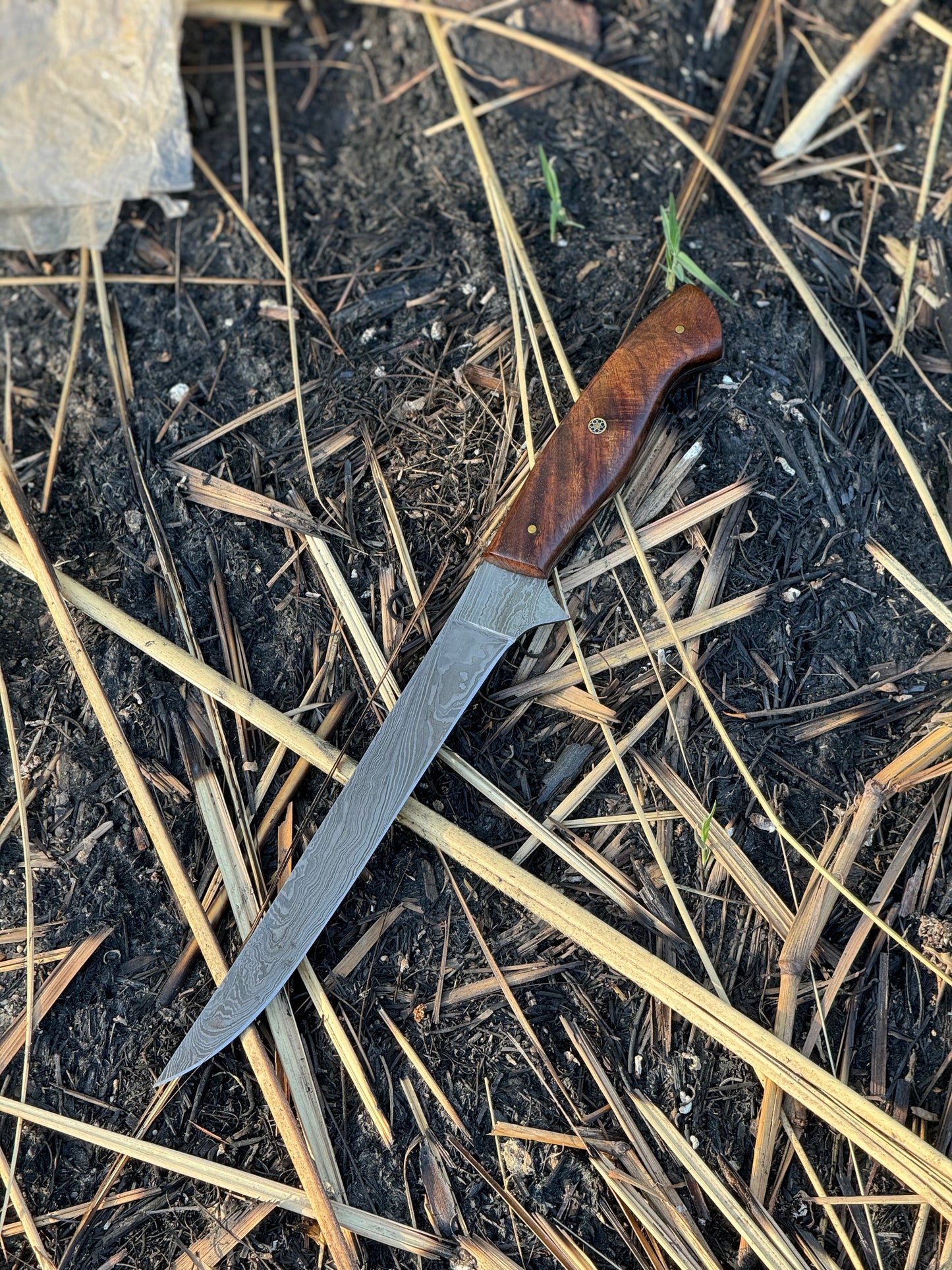 Durable 13" Damascus Steel Fishing Fillet Knife with Rosewood Handle, Steel Bolster, and Leather Sheath