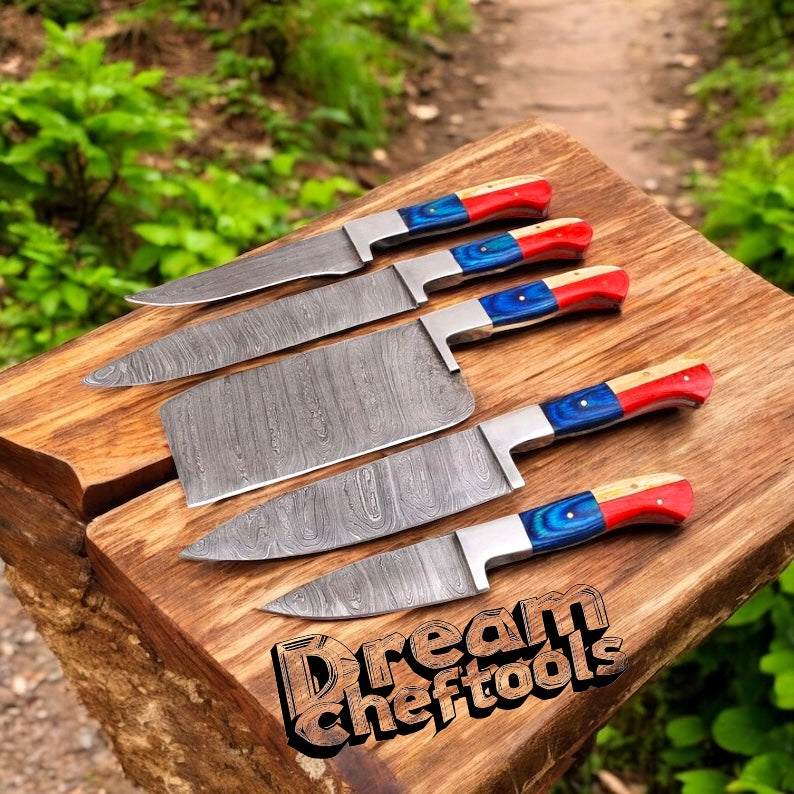 Best Inexpensive Knife Set – Damascus Steel Blades with Texas Flag Handles, Steel Bolsters & Leather Roll Kit