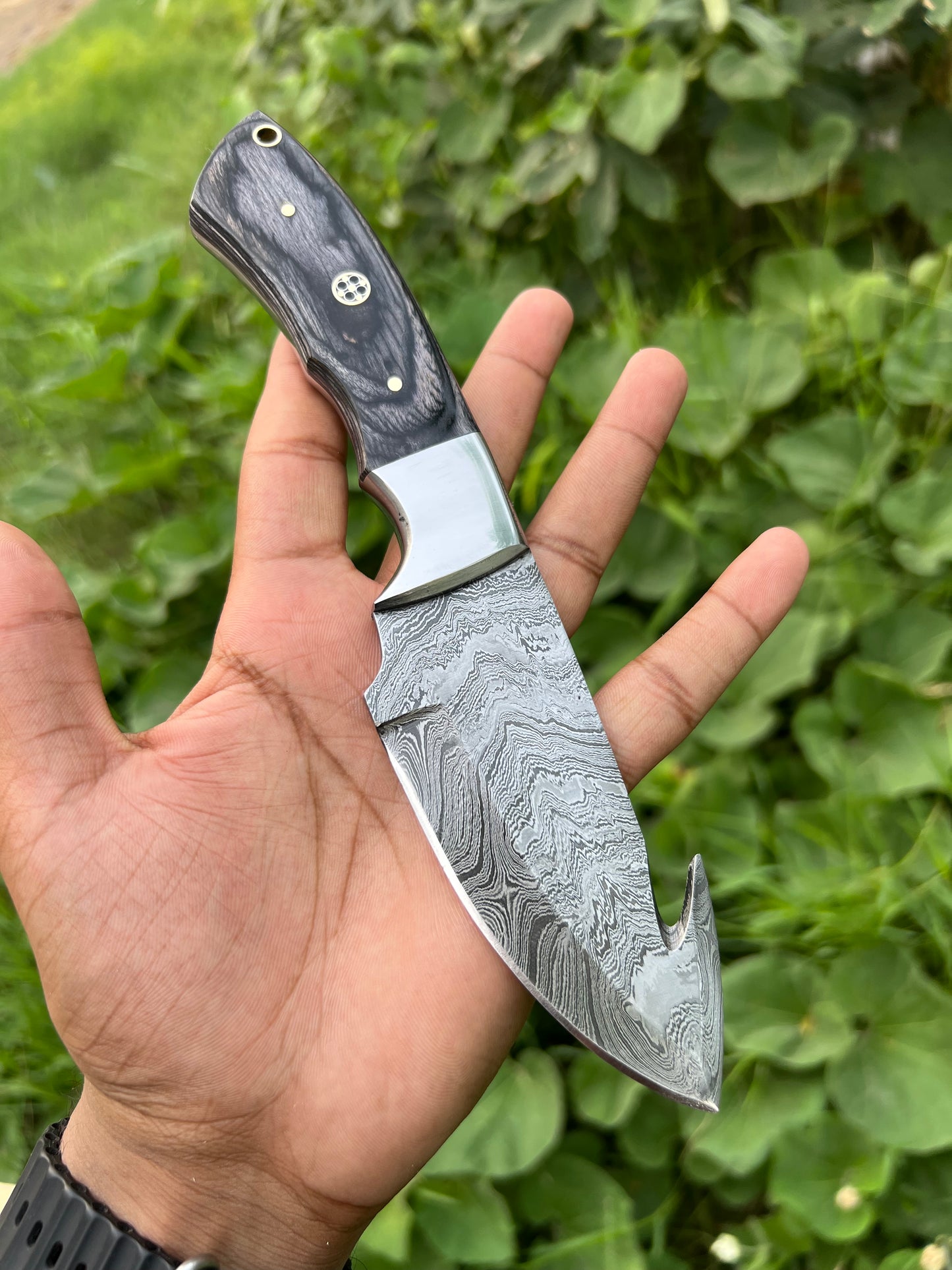 Custom handmade Damascus steel Guthook skinning knife