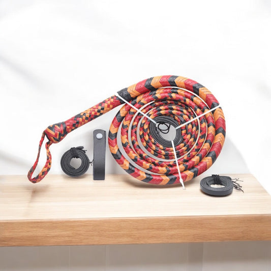 Handmade Red, Black & Orange Leather Bullwhip – Premium (4ft–16ft)